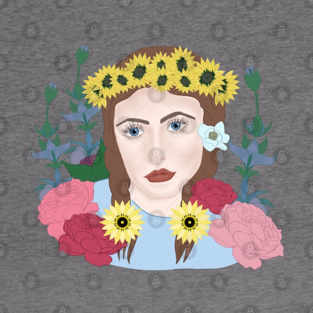 Girl with blue eyes with sunflowers and peonies by KateQR